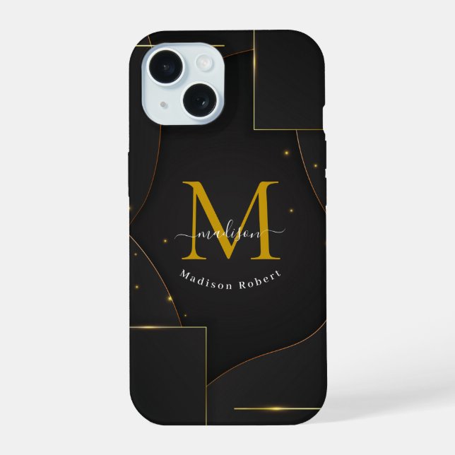 Black Golden Luxury gradient Script Monogram Funny iPhone 15 Case (Back)