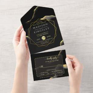 Black & Golden 💍 Modern Abstract Inky Oil All In One Invitation