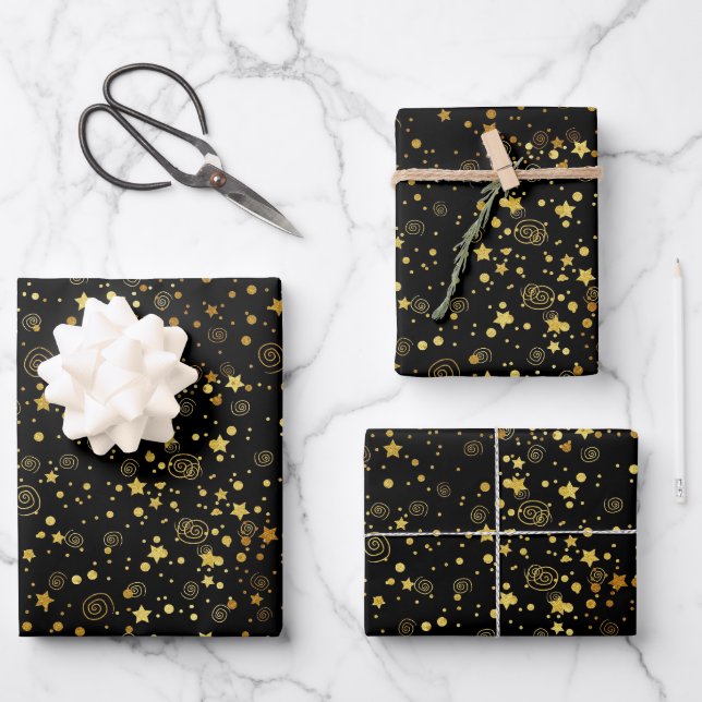 Black & Golden Star Pattern  Wrapping Paper Sheet (Front)
