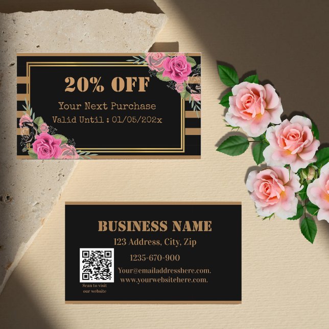 Black Golden Stripes Floral QR Code Discount Card (Creator Uploaded)