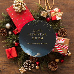 Black Golden   Watercolor Sparkling New Year  Classic Round Sticker