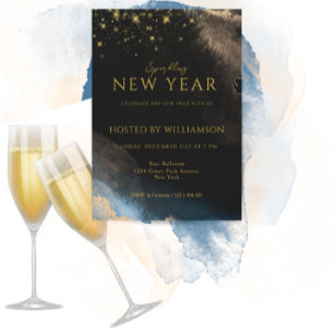 Black Golden Watercolor Sparkling New Year Party Holiday Card