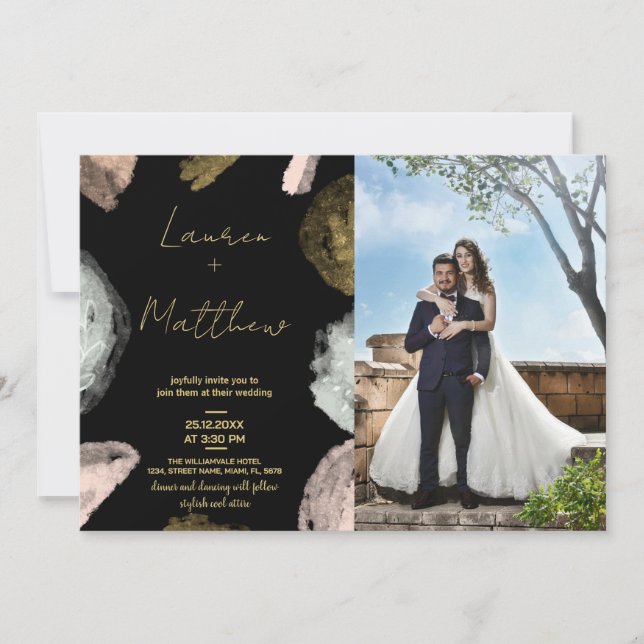 Black Golden Wedding Invitations with photo (Front)