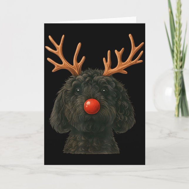 Black Goldendoodle Christmas Lights Santa Hat Blac Card (Front)
