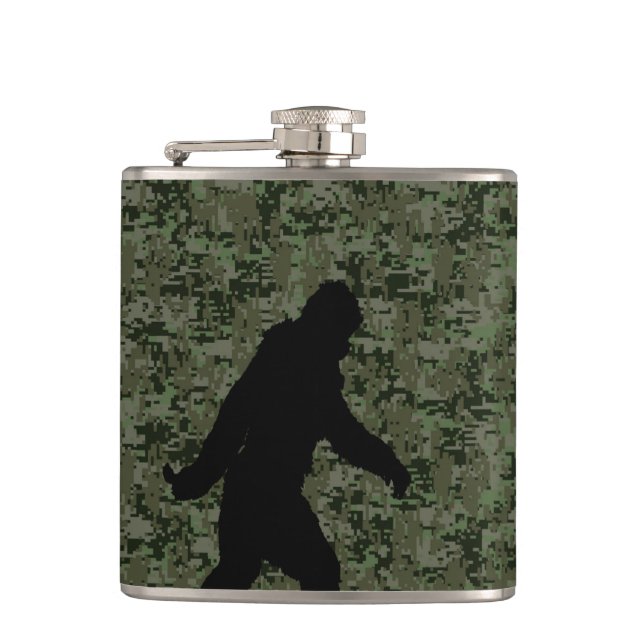 Black Gone Squatchin Woodland Digital Camouflage Hip Flask (Front)