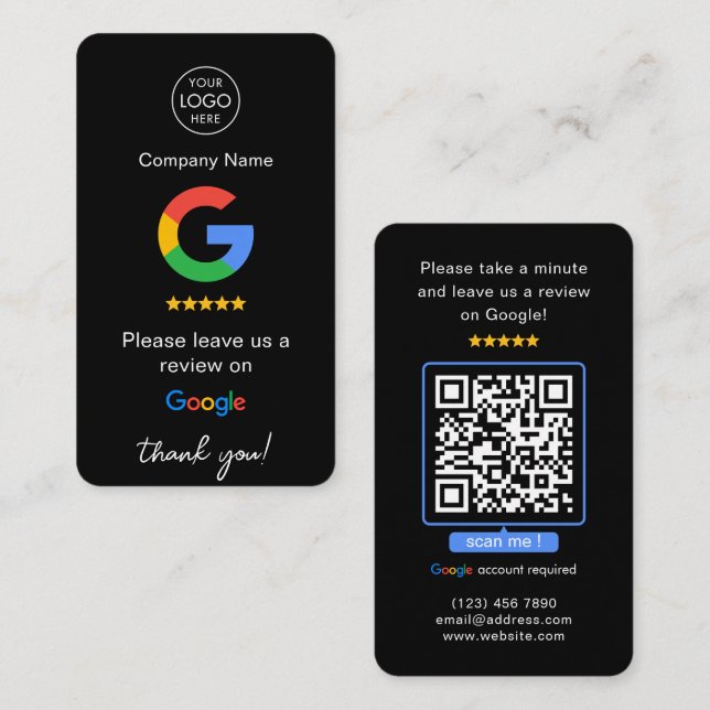 Black Google Reviews QR Code Business Review Us Card (Front/Back)
