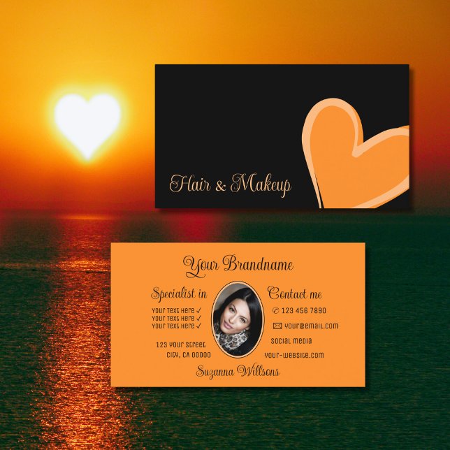 Black Gorgeous Orange Heart Modern with Photo Cute Business Card (Creator Uploaded)