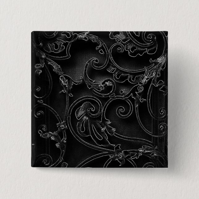 Black gothic baroque swirl pattern 15 cm square badge (Front)