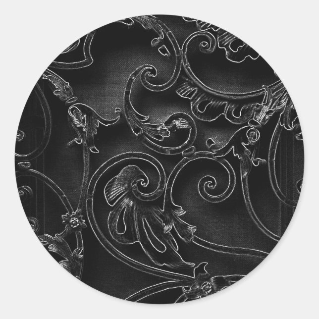 Black gothic baroque swirl pattern classic round sticker (Front)
