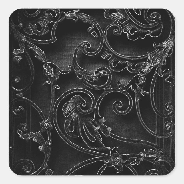 Black gothic baroque swirl pattern square sticker (Front)