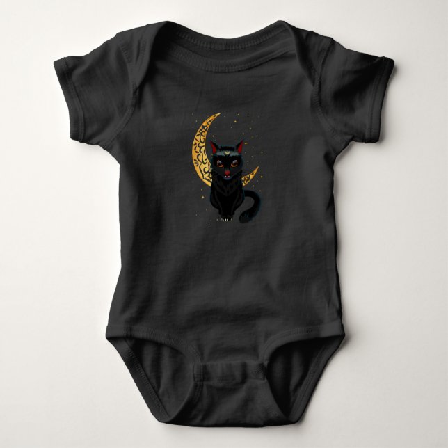 Black Gothic Cat Crescent Wicca Goth Kitten Baby Bodysuit (Front)