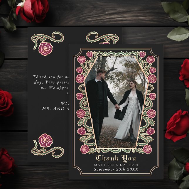 Black Gothic Coffin Rose Wedding Thank You Card (Creator Uploaded)