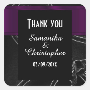 Black gothic damask thank you square sticker