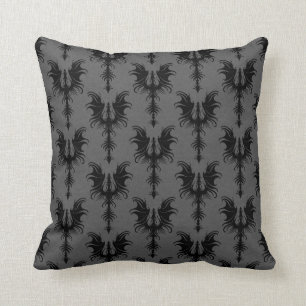 Black Gothic Dragons on Grey Pattern Cushion