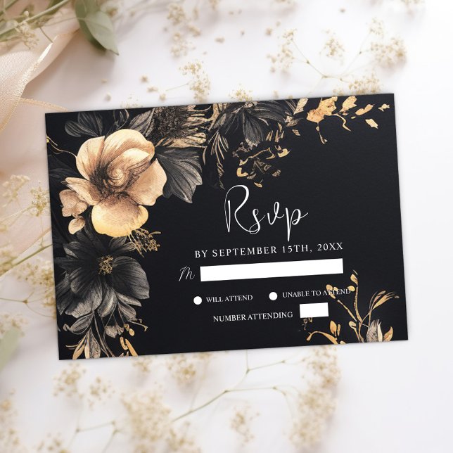 Black Gothic Floral Moody Dark Wedding RSVP Card (Black Gothic Floral Moody Dark Wedding RSVP Card)