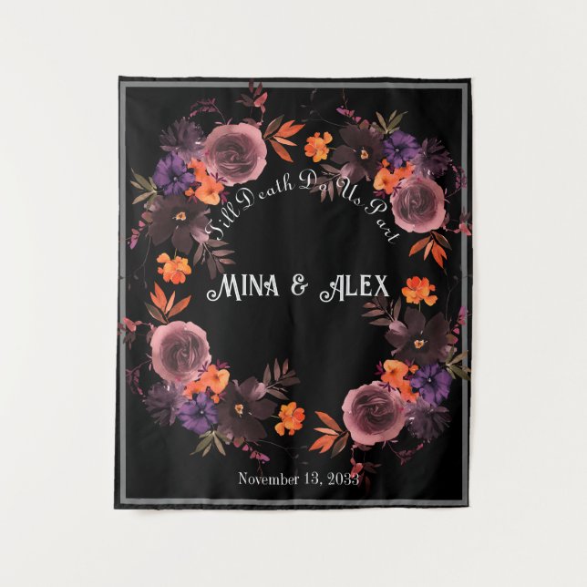 Black Gothic Floral Personalised Wedding Tapestry (Front)