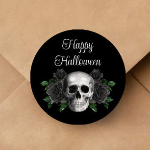 Black Gothic Floral Skull Halloween Classic Round Sticker