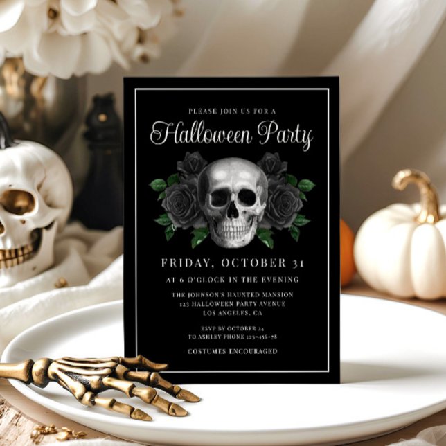 Black Gothic Floral Skull Halloween Invitation (Black Gothic Floral Skull Halloween Invitation)