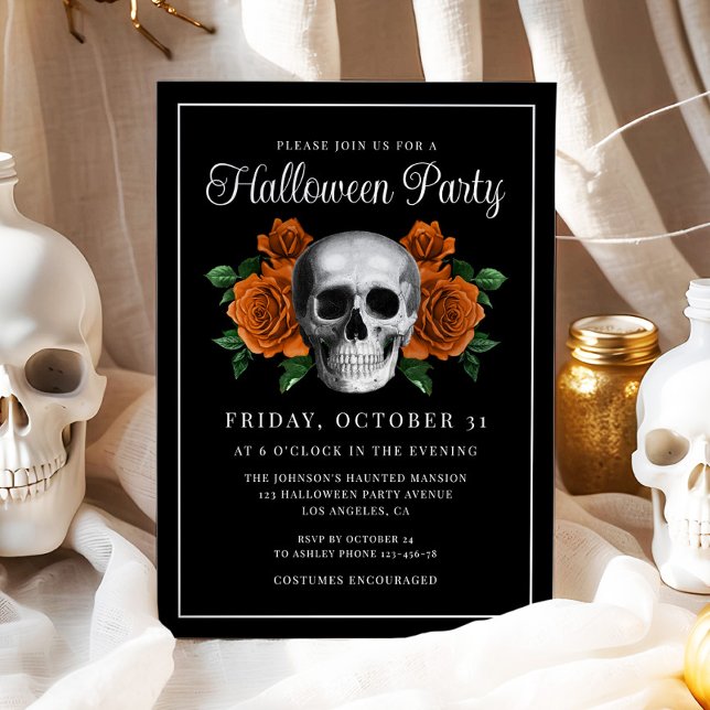 Black Gothic Floral Skull Halloween Invitation (Black Gothic Floral Skull Halloween Invitation)