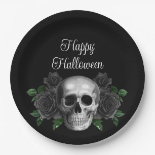 Black Gothic Floral Skull Halloween Paper Plate