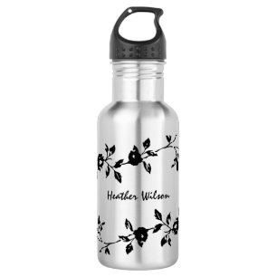 Black Gothic Floral Water Bottle with Name