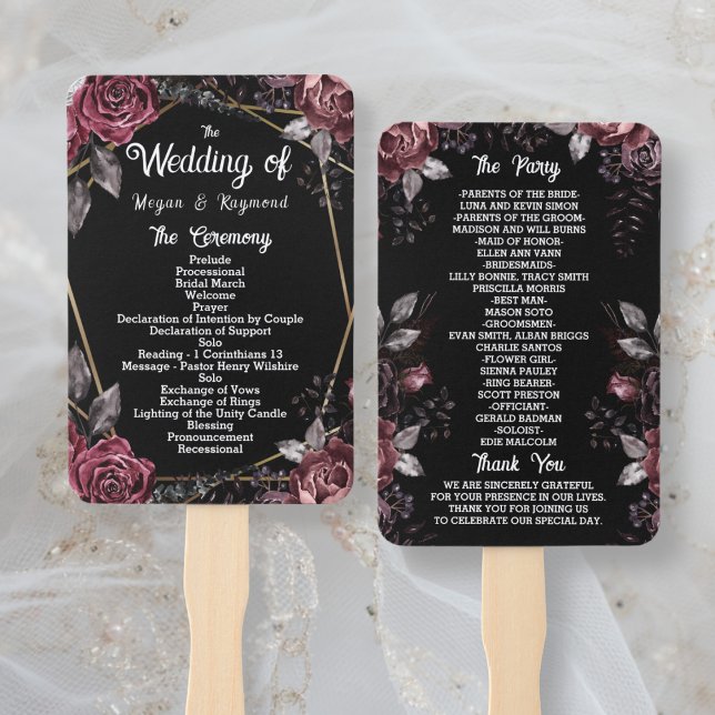 Black Gothic Floral Wedding Program Hand Fan (Creator Uploaded)