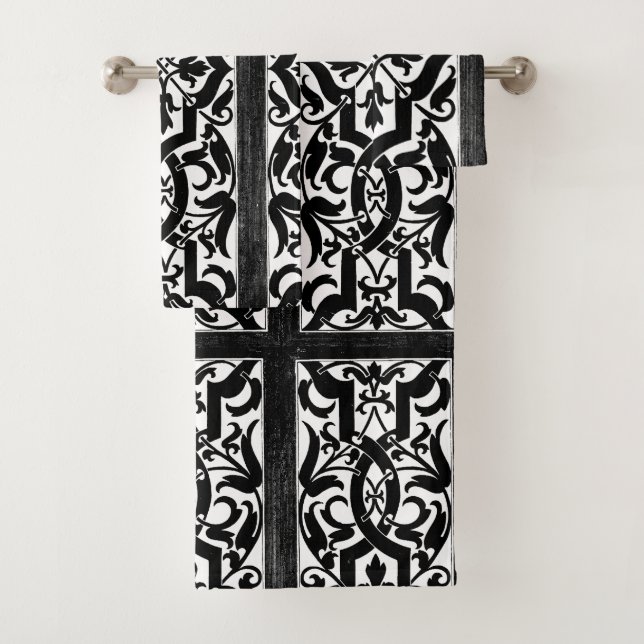 Black Gothic Flower Motif Bath Towel Set (Insitu)