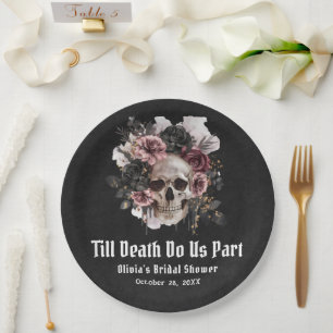 Black Gothic Halloween Floral Skull Bridal Shower Paper Plate