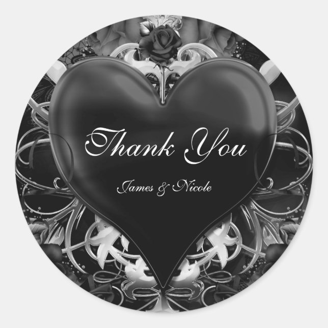Black Gothic Love Heart Wedding Favour Classic Round Sticker (Front)