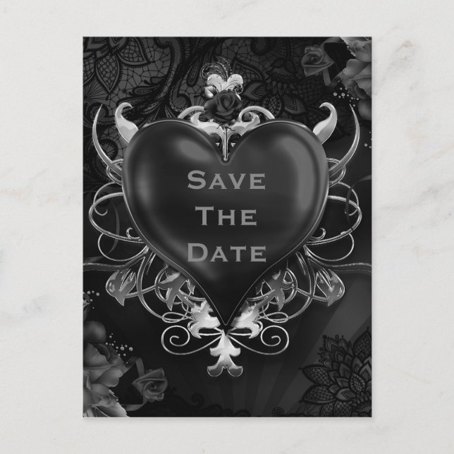 Black Gothic Love Heart Wedding Save the Date Announcement Postcard (Front)