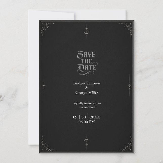black Gothic Minimalist Moon Star Wedding Invitation (Front)