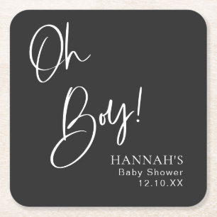 Black Gothic & Moody Oh Boy Baby Shower Square Paper Coaster