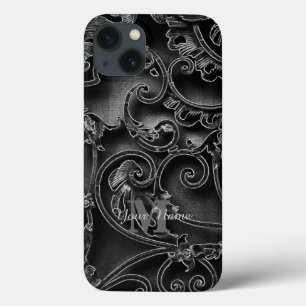 Black gothic pattern personalised monogram iPhone 13 case