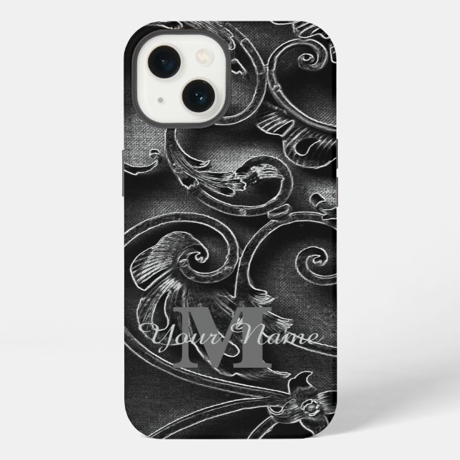 Black gothic pattern personalised monogram iPhone case (Back)
