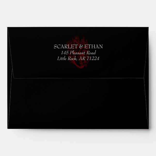 Black Gothic Red Floral Heart Wedding Envelope (Back (Top Flap))