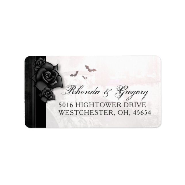 Black Gothic Roses & Bats Wedding Address Label (Front)