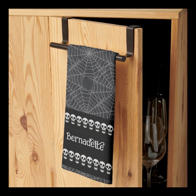 Black Gothic Skull and Spiderweb Name Design Tea Towel (Creator Uploaded)