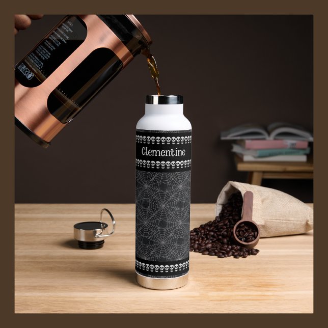 Black Gothic Skull and Spiderweb Pattern  Water Bottle (Creator Uploaded)