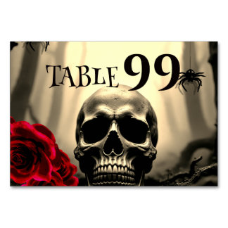 Black Gothic Skull Red Roses Spooky Halloween Table Number
