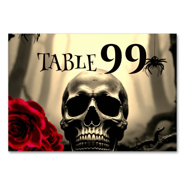Black Gothic Skull Red Roses Spooky Halloween Table Number (Front)