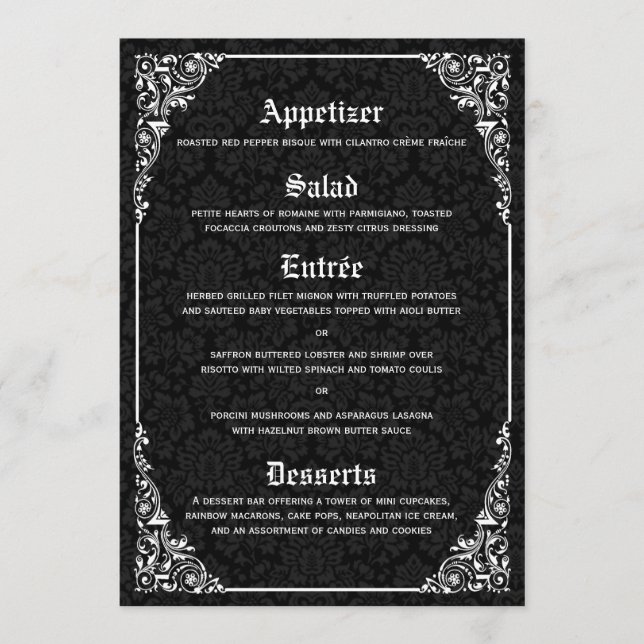 Black Gothic Victorian Damask Wedding Menus (Front)