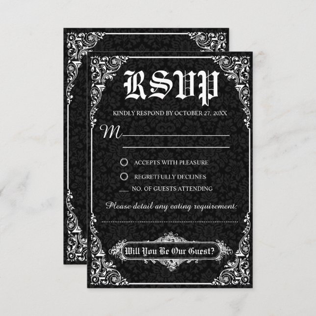 Black Gothic Victorian Damask Wedding RSVP Cards (Front/Back)