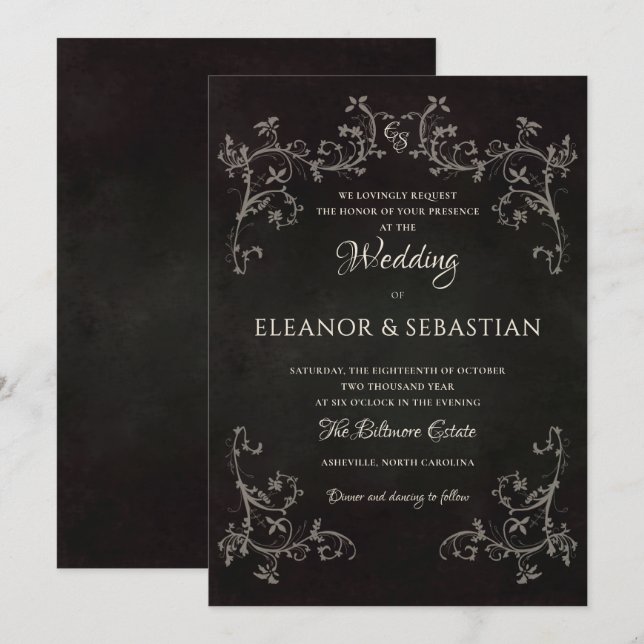Black Gothic Victorian Lace Botanical Dark Wedding Invitation (Front/Back)