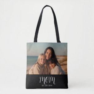 Black Graceful Script Mom Established Photo Gift Tote Bag