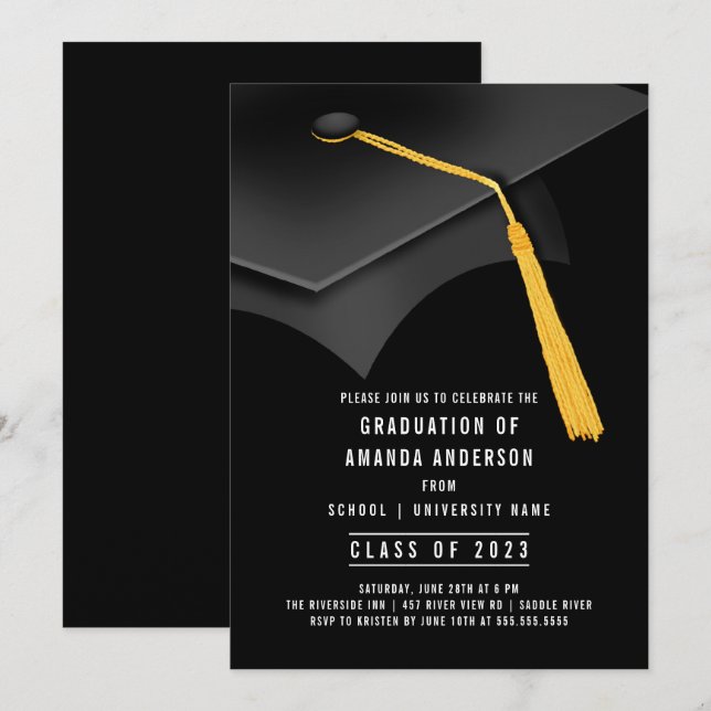 Black Grad Cap Black Graduation Party Invitation (Front/Back)