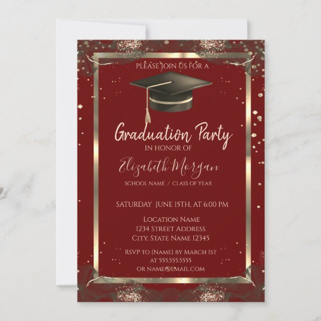 Black Grad Cap Diamonds Red Graduation  Invitation (Front)