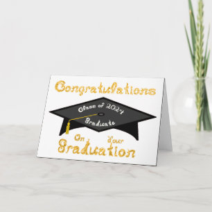 Black Grad Cap Gold White Graduate Class 2024 Hat Card