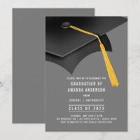 Black Grad Cap Grey Graduation Party Invitation