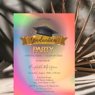 Black Grad Cap Rainbow Colourful Graduation Party Invitation