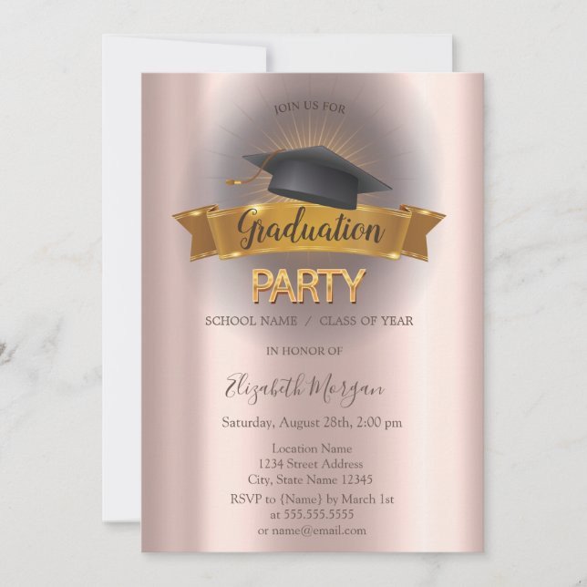 Black Grad Cap Rose Gold Graduation Party Invitation (Front)